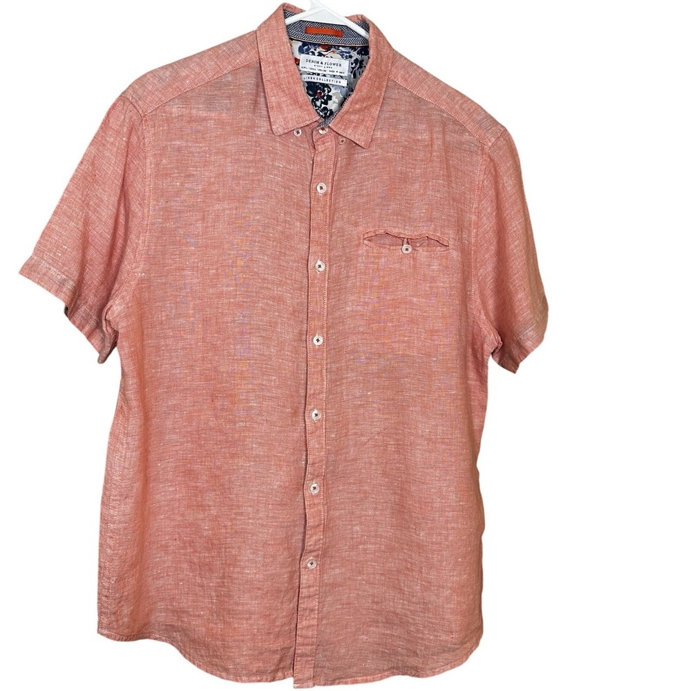 Denim & Flower Men's Short Sleeve Button-Down Shirt - Coral - 100% linen